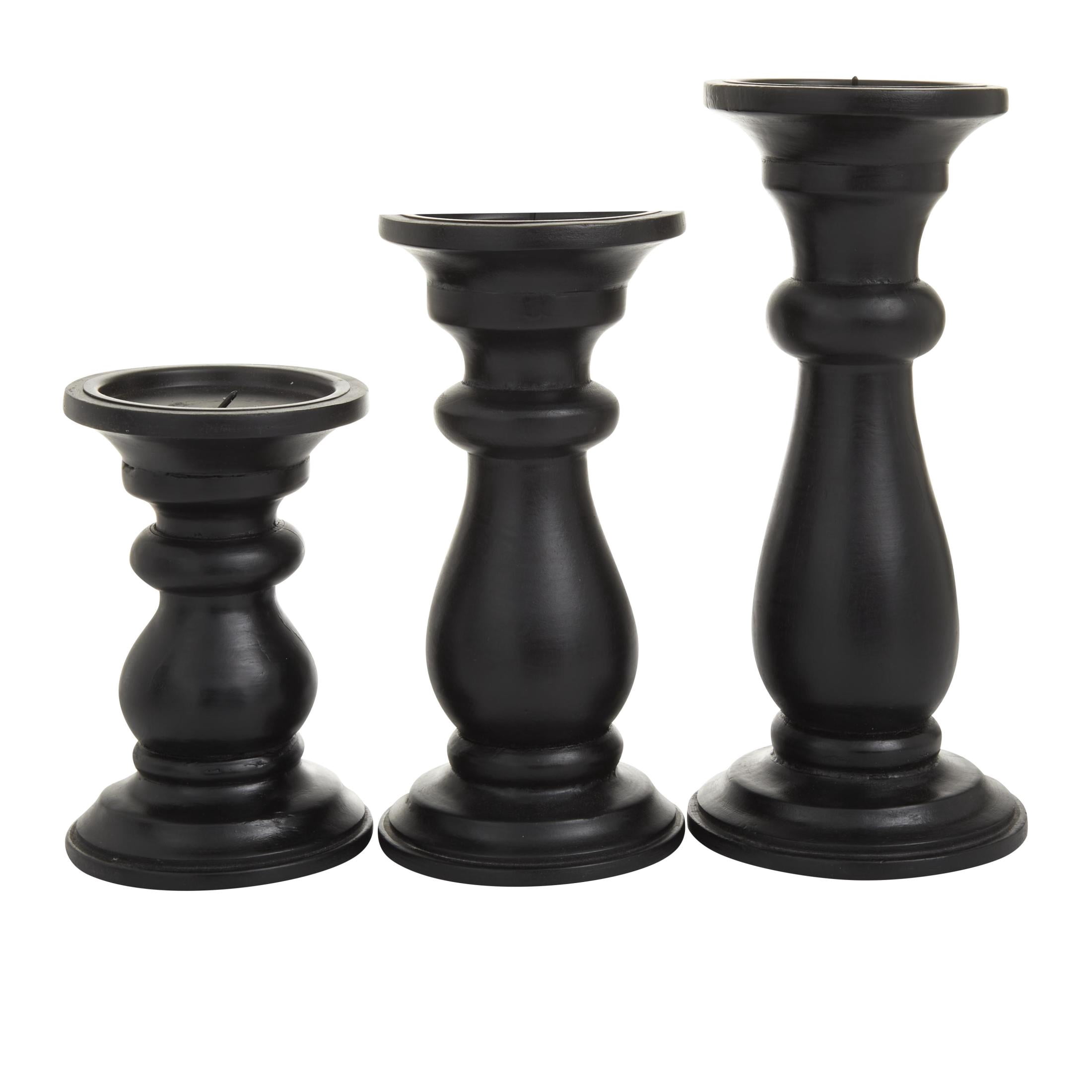 DecMode 3 Candle Black Mango Wood Turned Style Pillar Candle Holder, Set of 3