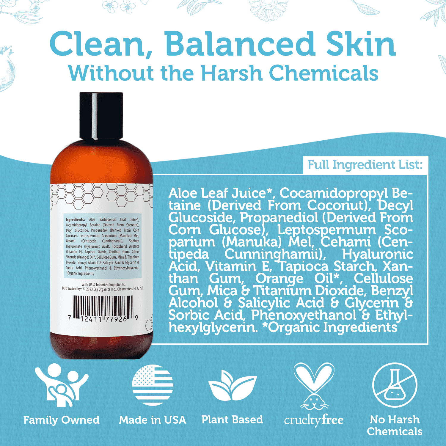 Era Organics Moisturizing Face Wash For Sensitive Skin - Gentle Sulfate Free Facial Cleanser and Body Wash with Organic Aloe Vera & Soothing Manuka Honey for Dry, Oily, Cracked, Damaged, Itchy Skin