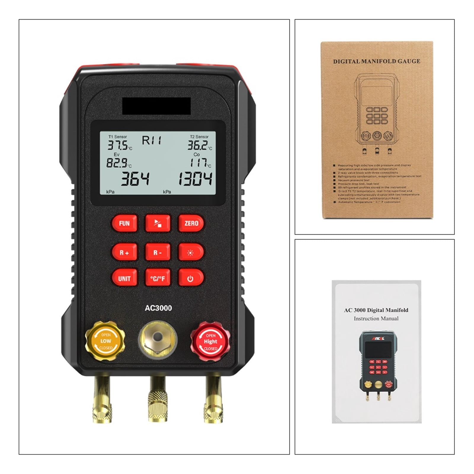 AC3000 Manifold Digital Gauge Refrigeration Leak Tester Vacuum Pressure Temperature Gauge Tools Digital Manifold Meter ,Accurate and Precise Gauges