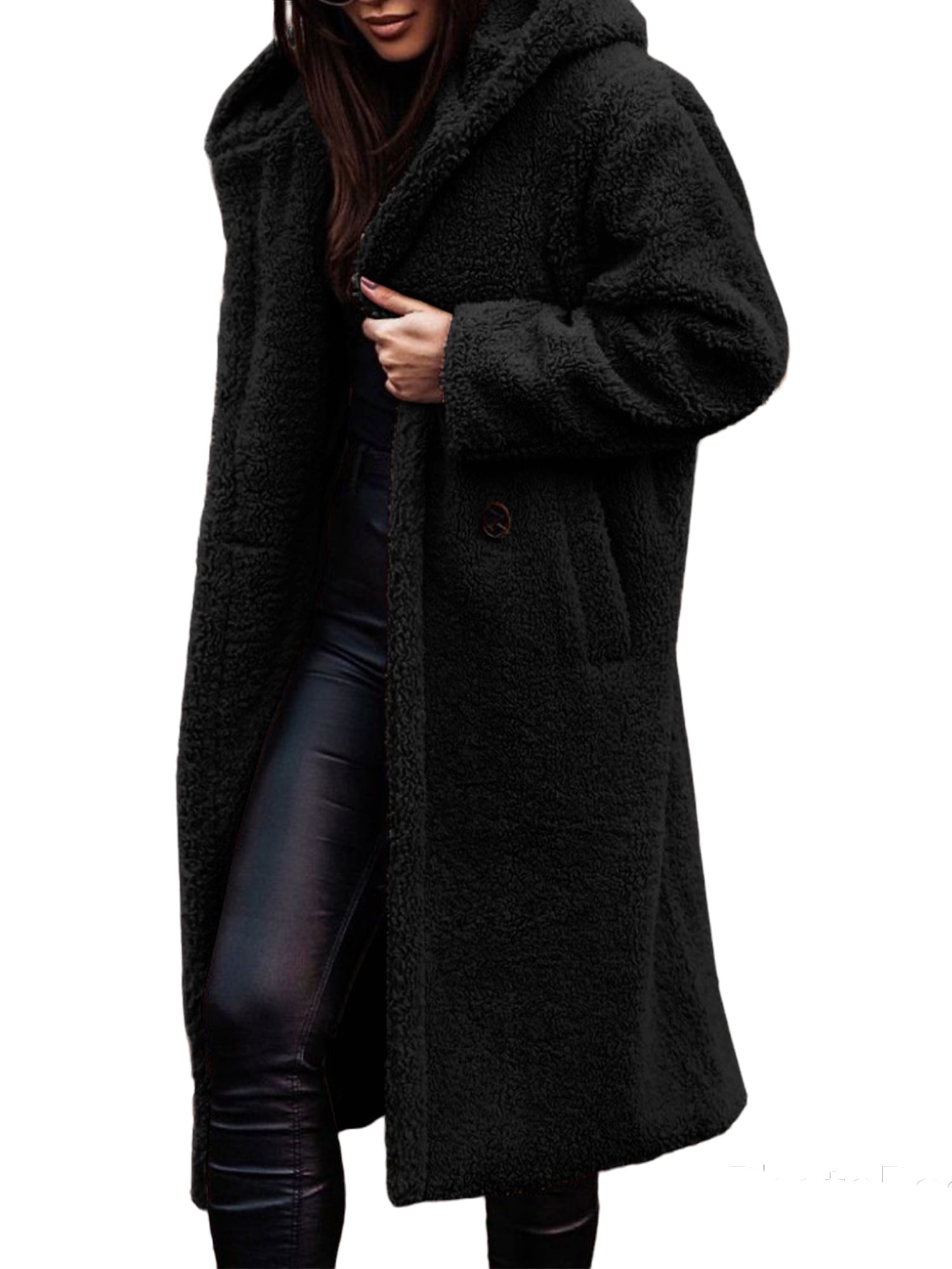 SpringTTC Women's Winter Thermal Coat Flannel Pocket Solid Plush Hooded