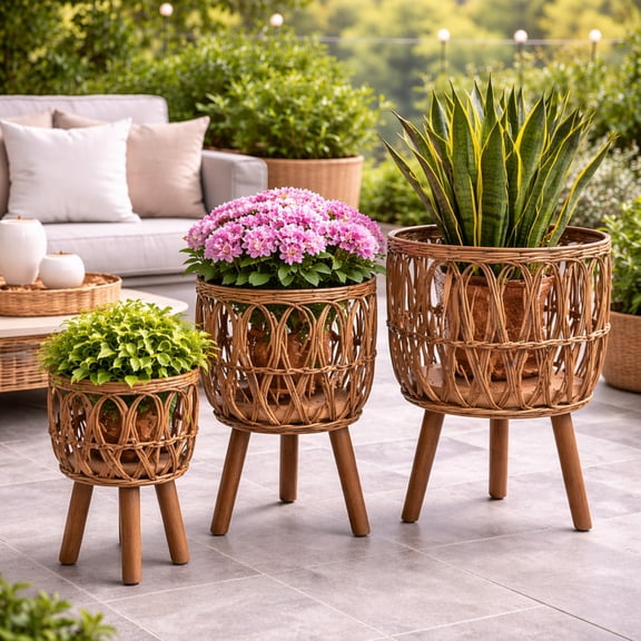 Handcrafted Bamboo Planters with Wooden Legs for Home Decor - Flower Pots for Entryway and Garden - Plant Pots for Outdoor and Indoor Plants - Set of 3, 26", 23", 20", Brown
