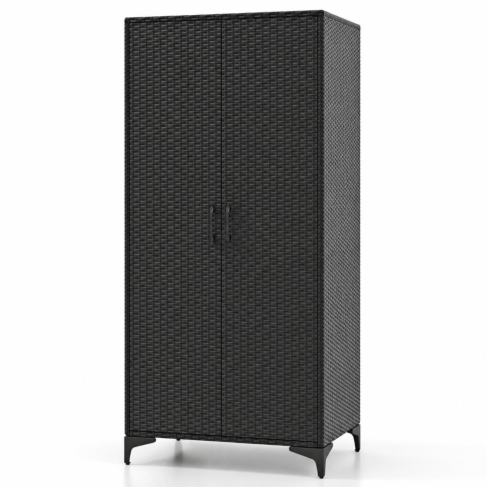 Furnibear 62 Inch Wicker Wardrobe with 2 Doors PE Rattan Closet with Hanging Rod for Bedroom Closet Clothes Wardrobe Storage Hanging, Black