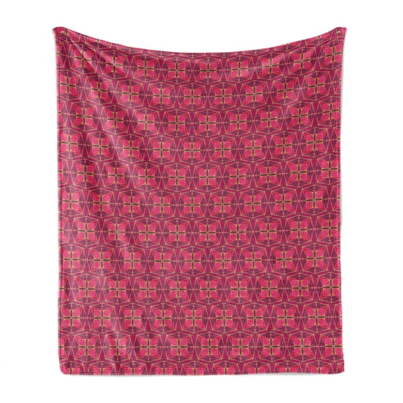 Geometric Soft Flannel Fleece Throw Blanket, Patchwork Style Floral Elements Geometric Squares with Pattern Magenta Tones, Cozy Plush for Indoor and Outdoor Use, 60" x 80", Multicolor, by Ambesonne