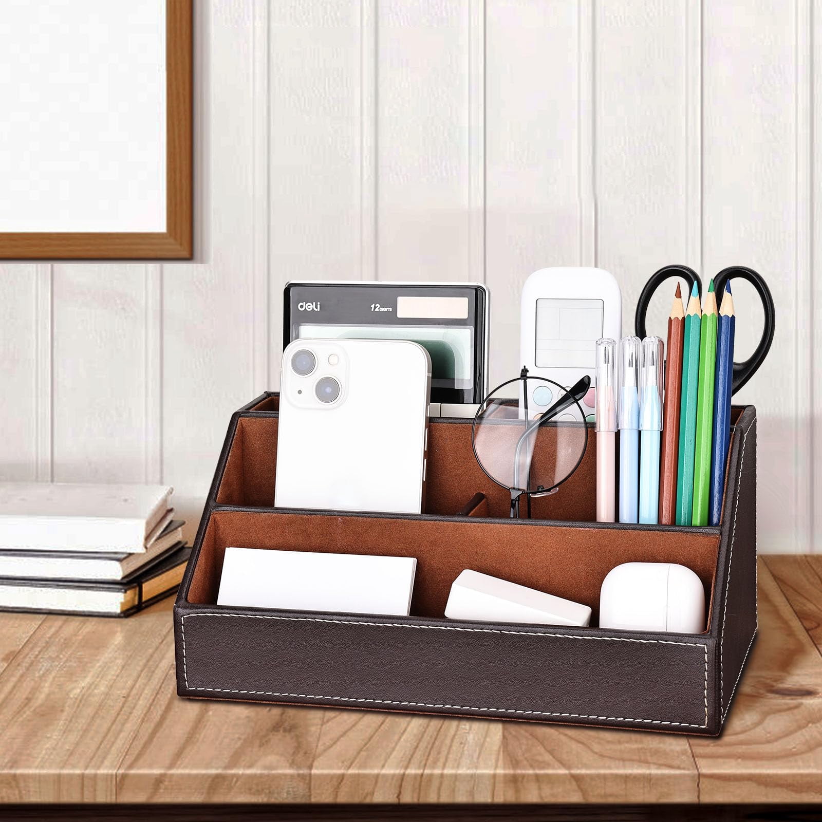 5pcs Desk Organizer And Accessories Set  Pu Leather Office Supplies With Multifunction Desktop Storage Box Tissue Holder Mouse Pad Note Paper Pencil For Brown