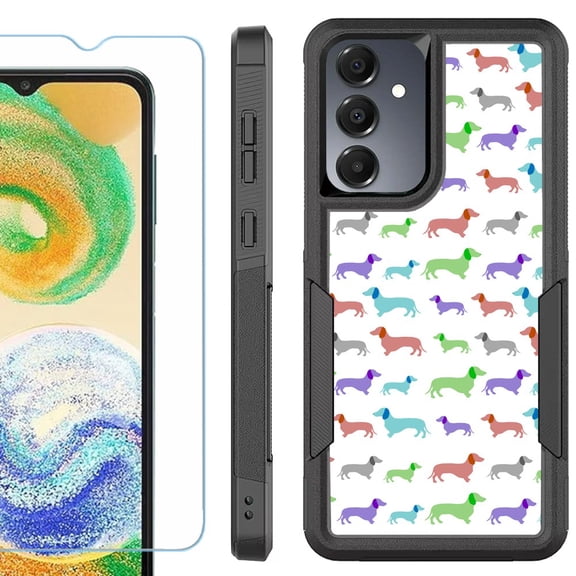 Heavy Duty Dual Layer Hybrid Phone Case for Samsung Galaxy S24 FE 5G with Tempered Glass Screen Protector, by OneToughShield - Colorful Dachshund/Puppy