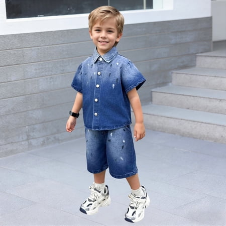 Rggeeun Toddler Boys Clothes Sets Distressed Wash Denim Woven Cute Dots Print Short Sleeve Front Button Up Collar Top & Knee Length Loose Pants for Summer Daily Use Kawaii Set Blue 7-8 Years