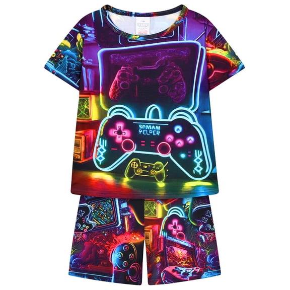 WIBACKER 2-Piece Summer Pajamas for Kids Boys Game Console Short Sleeves Tee and Shorts Toddler Cool PJs Set Size 3-12Y