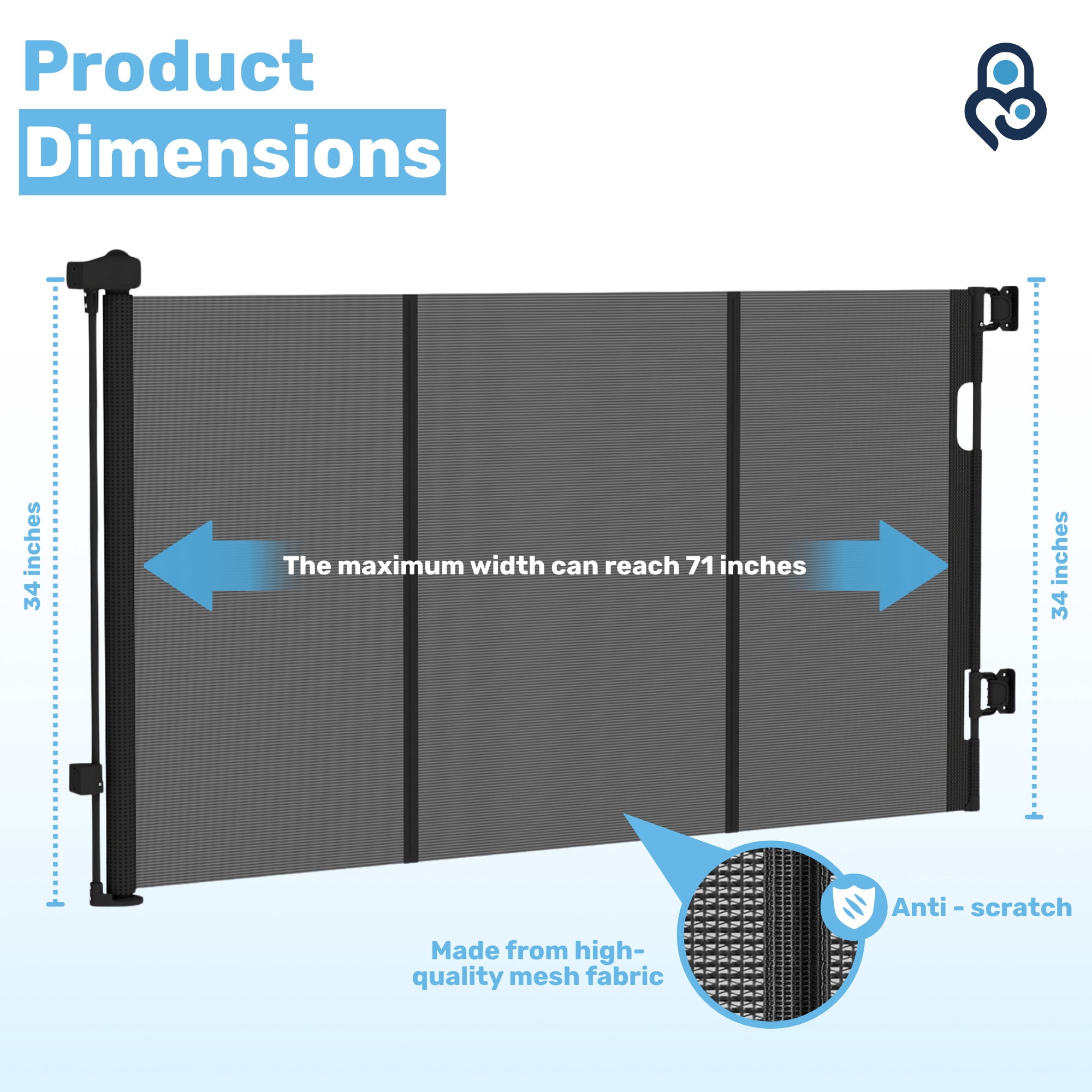 Baby Proof Me Retractable Baby Gate, Extra Wide Mesh Child Safety Gate, 34" Tall x 71" Wide, Black