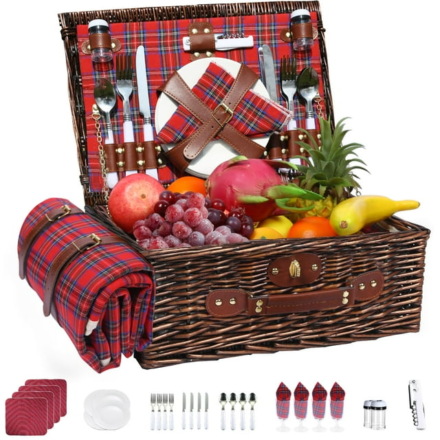 Cesta de Picnic Neti Neti de Mimbre para 4 Personas con Nevera y Manta