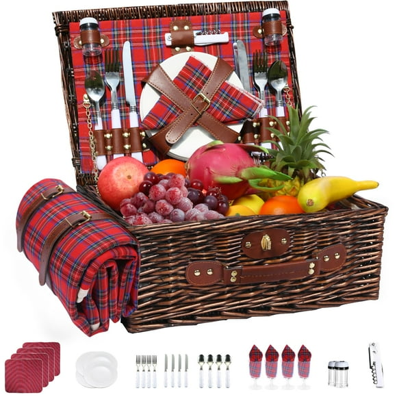 Cesta de Picnic Neti Neti de Mimbre para 4 Personas con Nevera y Manta
