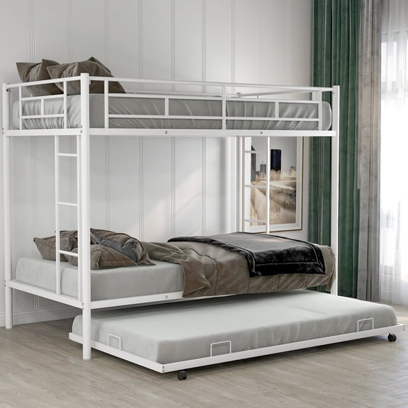 DreamBuck Metal Bunk Bed Twin over Twin Bunk Bed with Trundle and 2 Ladders, Metal Triple Bunk Bed for 3 Teens and Adults, Easy Assembly, No Box Spring Needed, White