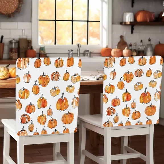 Fall Thanksgiving Chair Covers Set of 1 Orange Pumpkin Simple Lines Chair Back Covers Stretch Removable Washable Slipcovers Protector for Dining Room Kitchen Party Decor