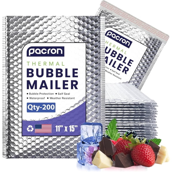 Pacron Poly Bubble Mailers 11x15 inch 200-Pack - Waterproof Self-Sealing Thermal Padded Envelope for Shipping - Durable Shipping Envelopes for Food, Cosmetics & Temperature-Sensitive Items