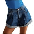 thumbnail image 2 of Sakmal Rolled Hem Shorts Women Denim Blue Mid Rise 6 Inch Inseam Dark Wash Shorts with Pockets, 2 of 8