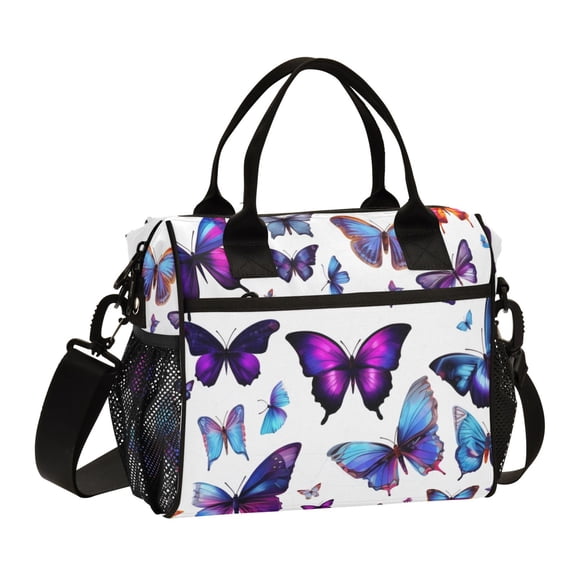 Purple Blue Butterflies Lunch Bag Insulated Lunch Box Leakproof Reusable Cooler Tote Adjustable Shoulder Strap for Men Women 9L