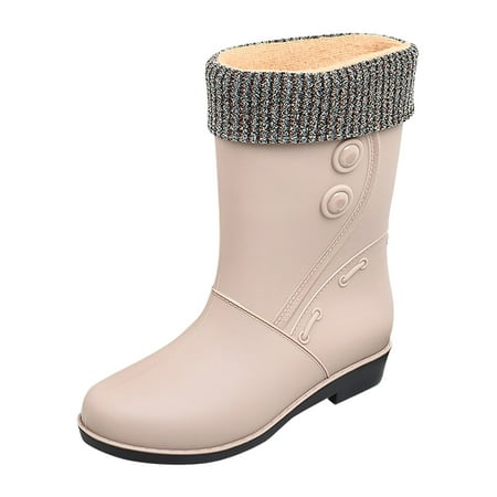 BOBOGOJP Rain Boots for Women Waterproof Winter Warm Furry Lined Cute Garden Shoes Non Slip Comfortable Wellies Mid Calf Ladies Rainboots Lightweight Rain Shoes (Beige 8)