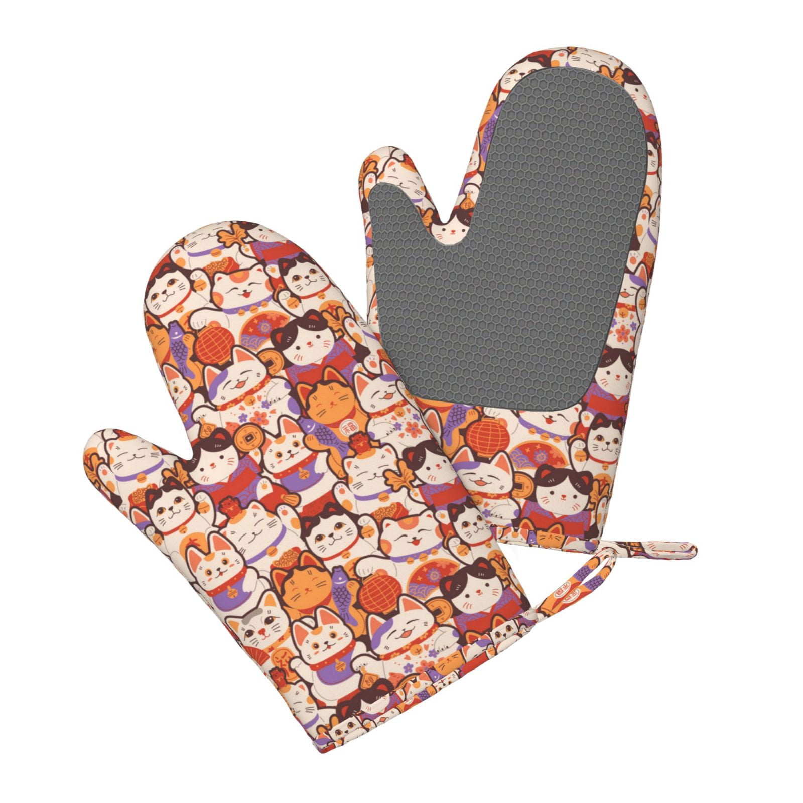 Hirioo Maneki-Neko Cats for Silicone Oven Mitts for BBQ, Baking, Cooking, Set of 2, Heat Resistant 260℃, Non-Slip Kitchen Essentials