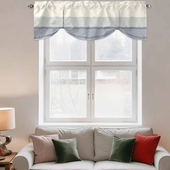 Tie Up Valance Curtain for Kitchen, Blue White Stripes Modern Ocean Geometric Rod Pocket Short Curtains Adjustable Tie-Up Shade Valances, Simple Striped Window Treatment for Bedroom Bathroom 60x18in