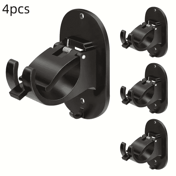 No Drill Curtain Rod Holder Hangers - Self Adhesive Curtain Rod Hook - Upgrade Large No Drilling Plastic Curtain Rod Brackets Renter Friendly Curtain Rod Hanger (4PCS Black)
