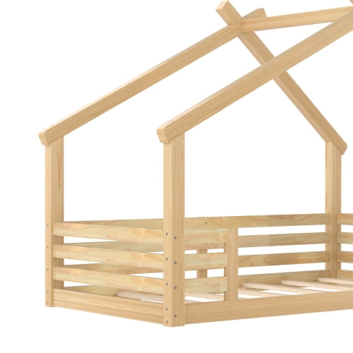 Bellemave Twin House Floor Bed with Window and Shelf, Solid Wood Montessori Bed with Roof, Low to Ground House Bed with High Fence for Bedroom, Natural