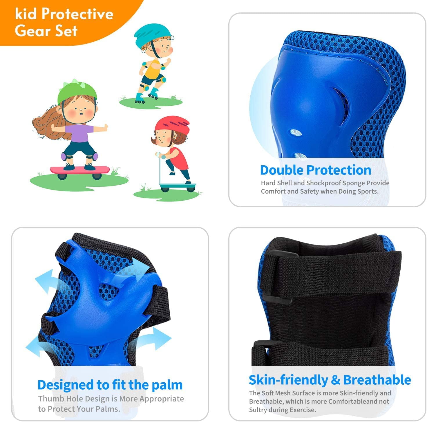 JEEXI Blue Knee & Elbow Pads for Kids 7 Pack - Youth Children Guards Protective Gear Pad Set for Roller Skates Cycling BMX Bike Skateboard Inline Skating's Scooter Riding Sports (Blue)