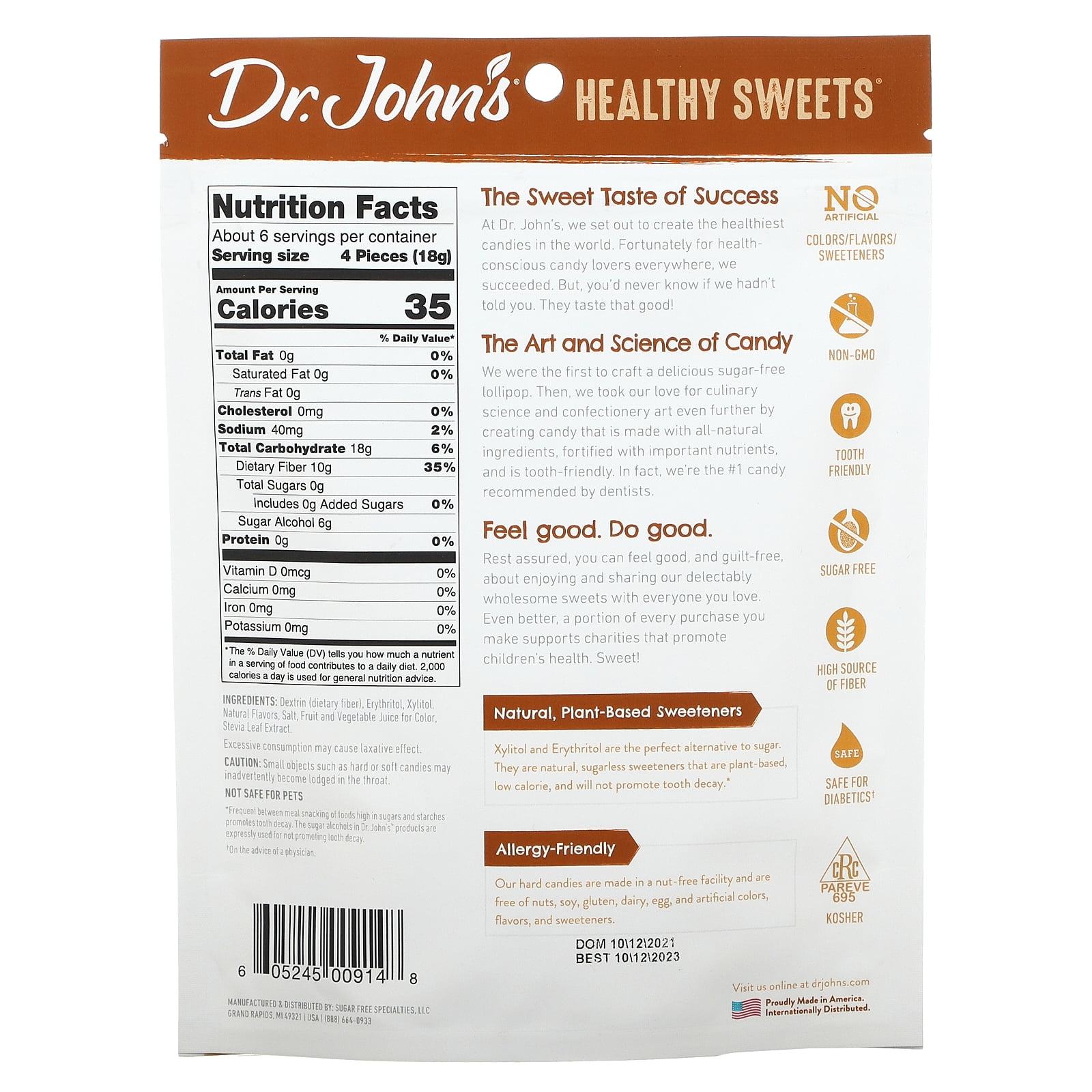 Dr. John's Healthy Sweets, Butterscotch Hard Candy, + Fiber, Sugar Free, 3.85 oz Pack of 2