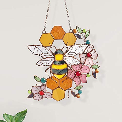 Trapezoid Amber Bee Window Sun Catcher Ornament,Spring Summer Garden Art Decoration Gifts for Mothers Day//Birthday//Housewarming Naladoo Bee Honeycomb Hanging Decor
