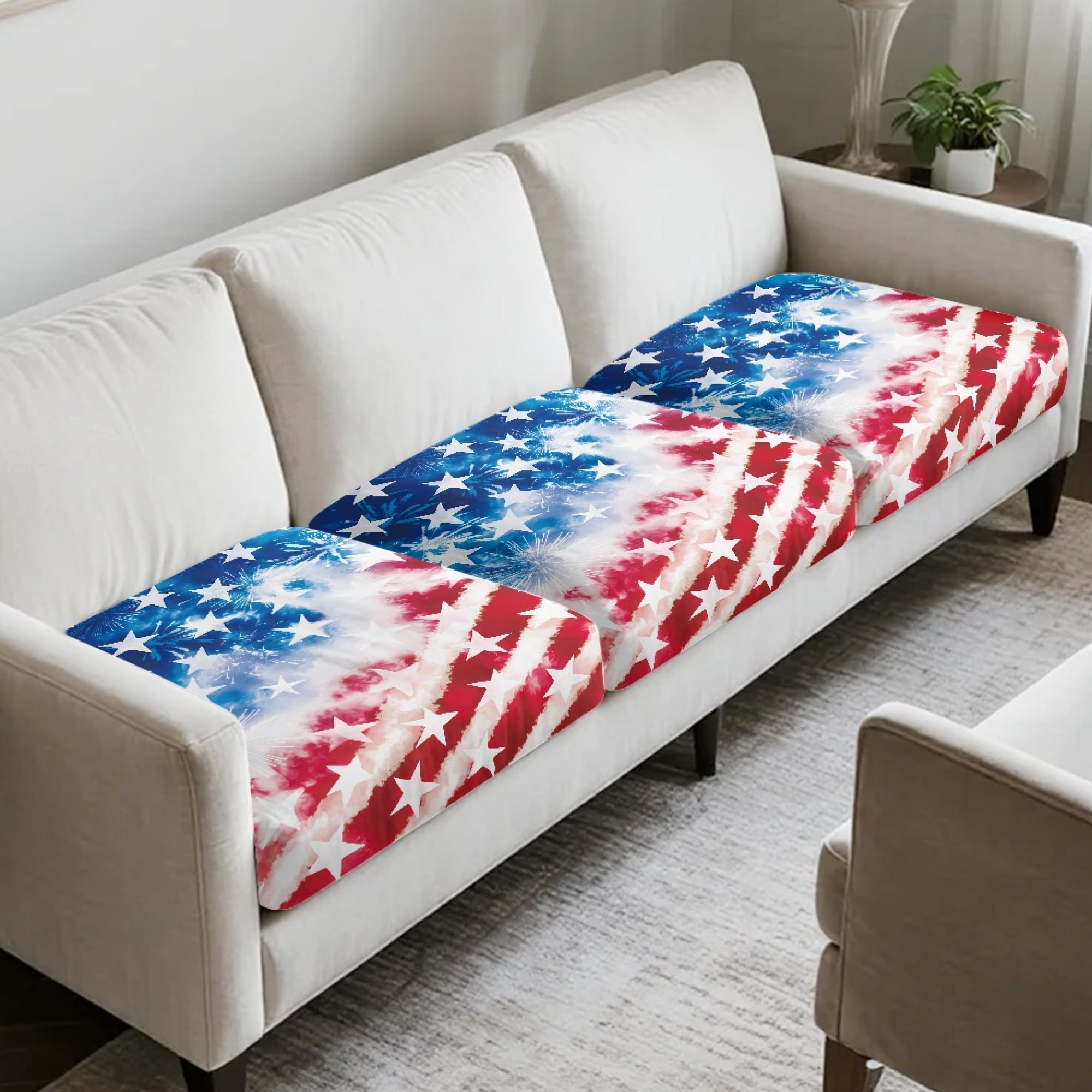 TSOVTHRID American Flag Firework Print Stretch Couch Cushion Cover Cushion Slipcover for Chair Loveseat Sofa Cushions Furniture Protector Sofa Seat Cover for Pets Dogs, 24x24 Inch