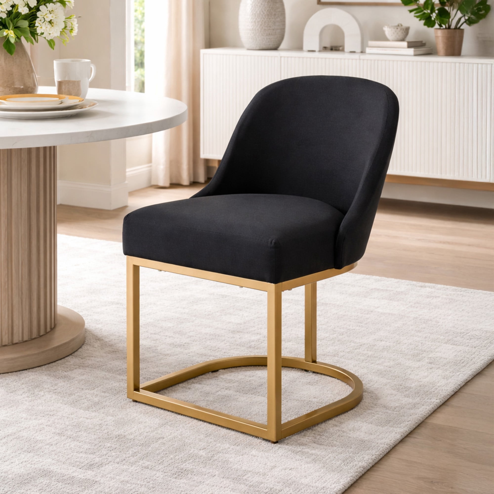 Upholstered Barrelback Dining Chair with Gold Metal Base, Set of 2