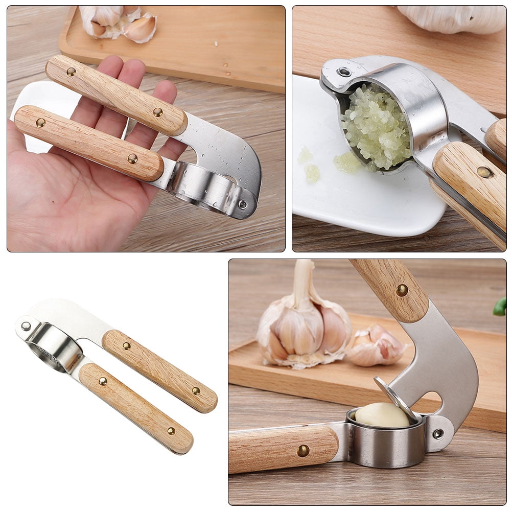 HOOWIFFY Stainless Steel Manual Garlic Masher with Khaki Handle, Kitchen Tool and Versatile Garlic Press for Easy Cooking