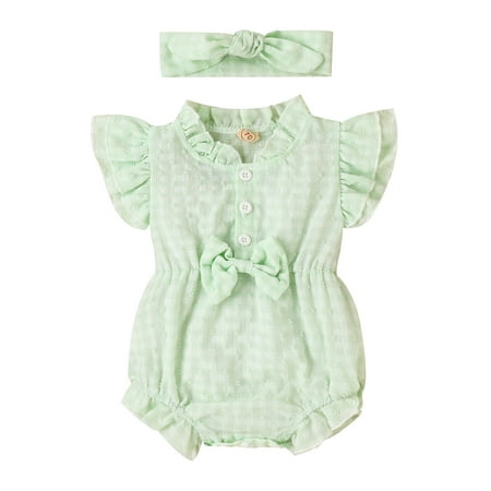 

Newborn Baby Girl Jumpsuit Shorts Jacquard Fly Sleeve Bodysuit + Hairband 2pcs Summer Outfits
