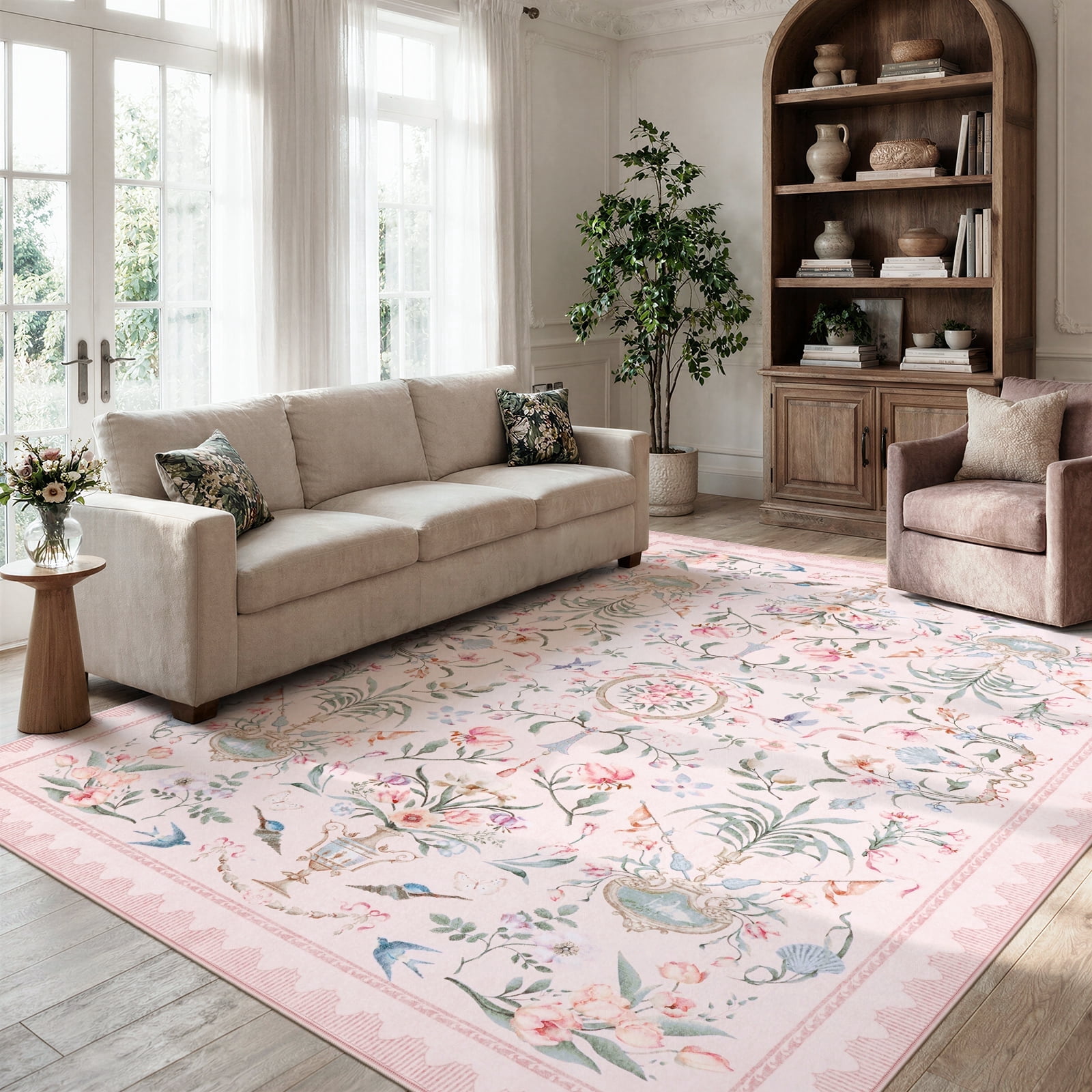 Lahome Decor 8'x10' Area Rug, Floral Washable Rugs for Living Room, Non Slip Soft Ultra-Thin Indoor Decor Elegant Carpet Vintage Flower Rug Indoor for Bedroom Dining Room Pink