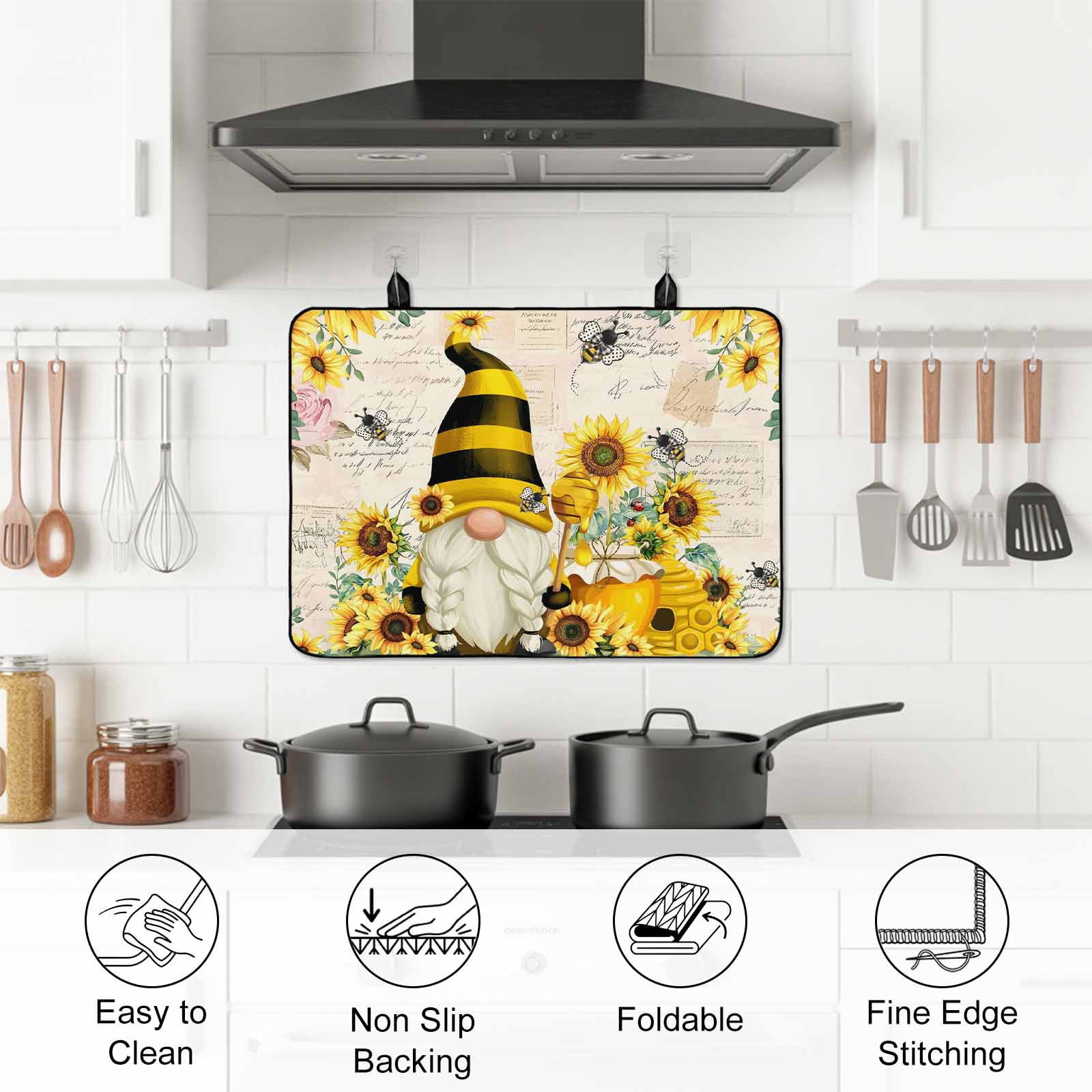 Yellow Gnomes Stove Top Cover for Electric Stove, Heat-proof & Non Slip Glass Top Stove Cover Protector, Sunflower Floral Bee Vintage Kitchen Flat Cooktop Rubber Mat 24x21 Inches