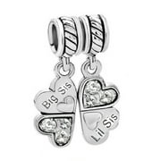 QUEENBERRY Sterling Silver Rhinestone 'Big Sis Little Sis Love' Heart European Bead Charm Fits Pandora