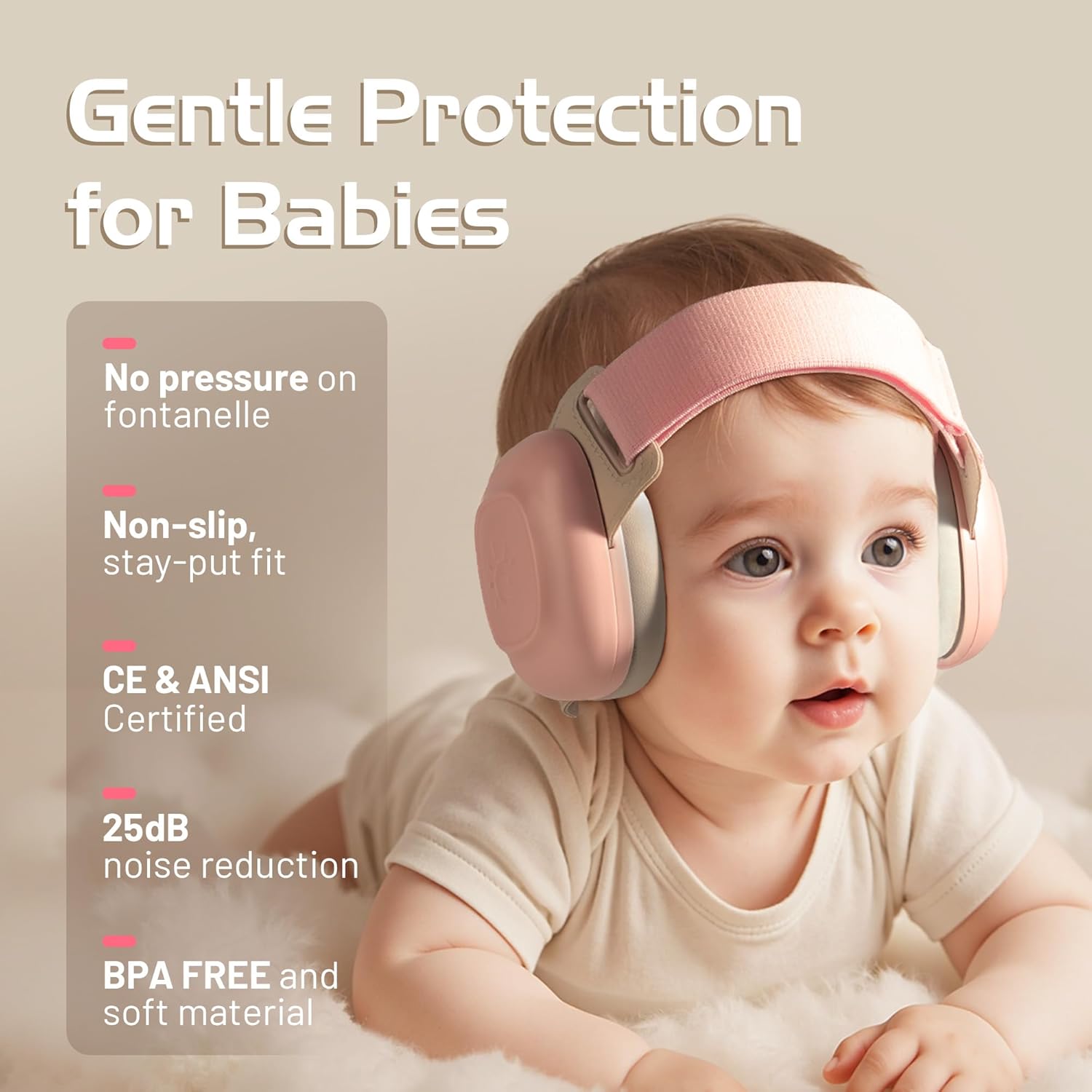 Wiher Baby Ear Muffs for Noise Protection (3–48 Months), 25dB Noise Cancelling Headphones for Travel, Airplanes, Concerts – CE & CPC Certified Hearing Protection & Improves Sleep,Pink
