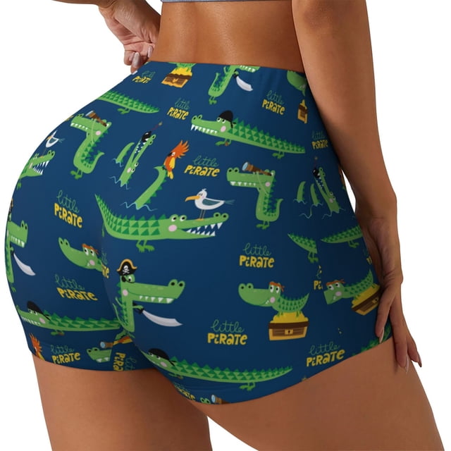 Balery Little Pirate Crocodile Pantalones cortos de entrenamiento estampados para mujer, sin costuras, ajustados, para gimnasio, yoga, correr, deportes, ejercicio activo, fitness.-Medium