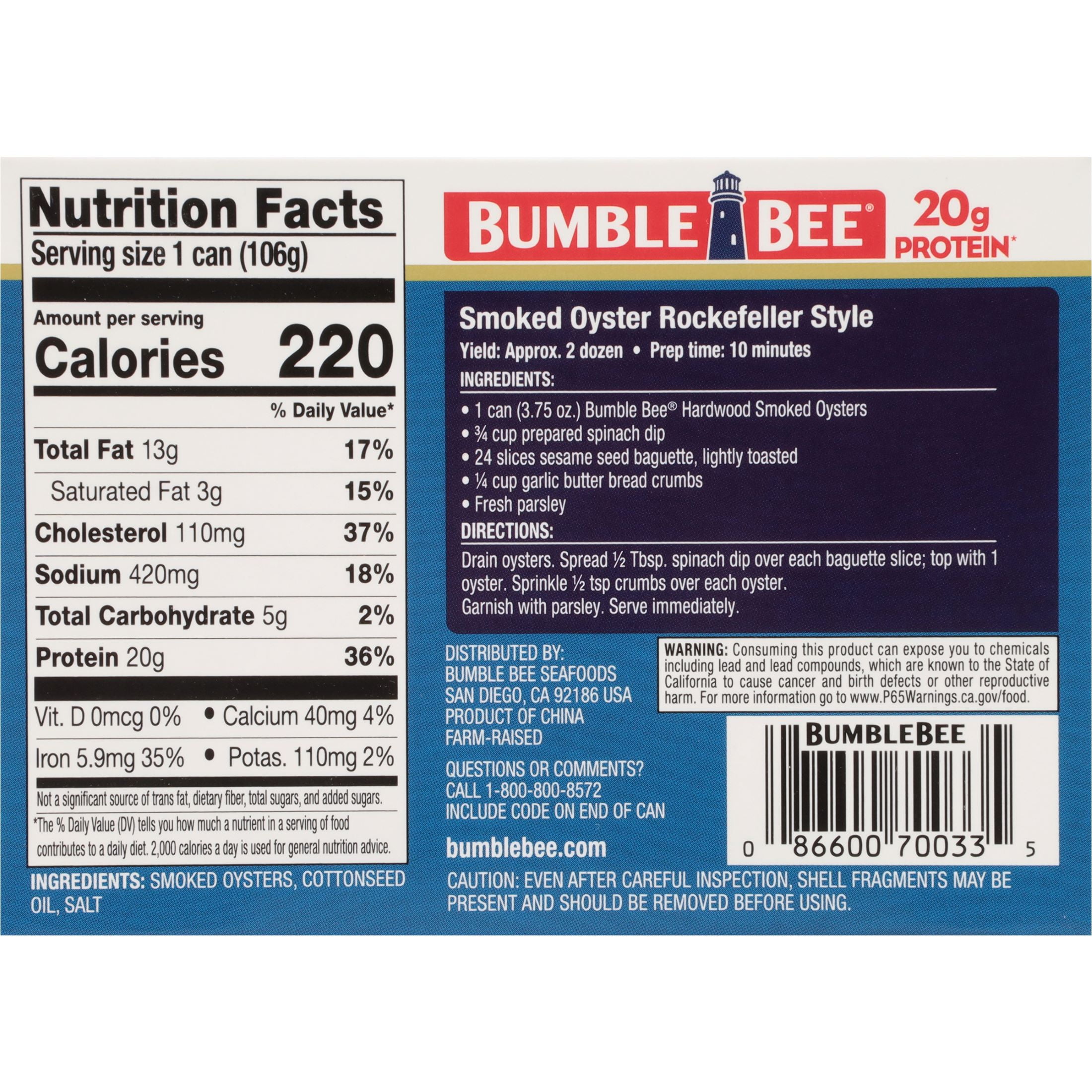 (12 pack) Bumble Bee Fancy Smoked Oysters, 3.75 oz Can