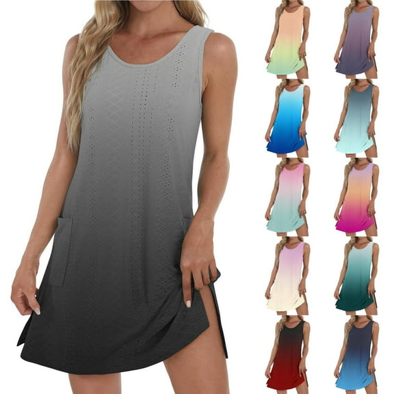 Summer Dresses for Women 2025, Womens Summer Casual Sleeveless Round Neck Printed Dress With Pocket(Black,S)