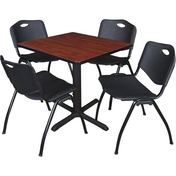HomeStock Art Nouveau Allure 30" Square Breakroom Table- Cherry & 4 'M' Stack Chairs- Black, Ideal for Cafeterias, Dining, and Office Spaces