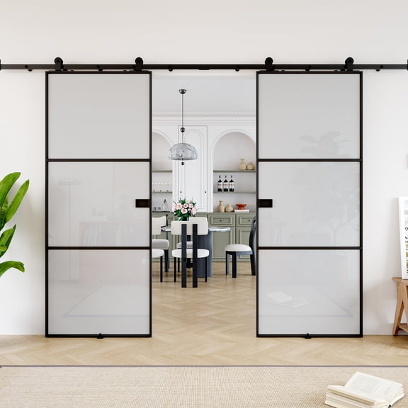 56''x80''(2 set of 28'') No Assembly Required Panel, 80''H Frosted Glass Aluminum Barn Door Metal Sliding Closet Pantry Doors with Installation Hardware Kit
