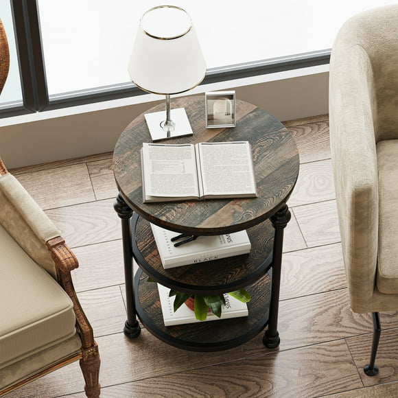 Space-Saving 3-Tier Round Coffee Table – Modern Small End Table with Storage Shelf, Metal Frame Accent Bedside Table for Living Room or Bedroom, Dark Oak