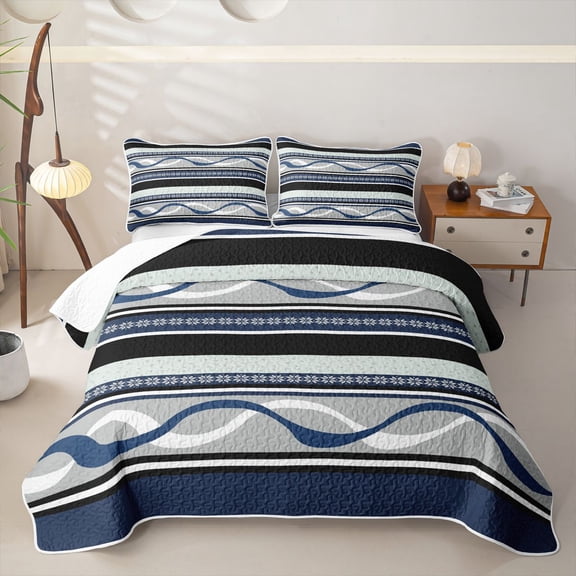 jejeloiu Nautical Striped Twin Quilt Set,Wave Print Twin Coverlet Set For Boys,Blue Gray,2-Piece