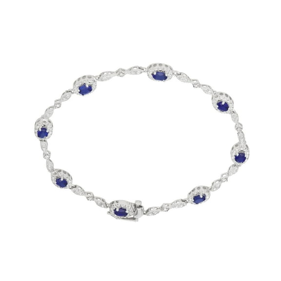 1/20 CTTW Natural White Diamonds & Natural Blue Sapphire metal link bracelet in Sterling Silver - Diamond Bracelet for Women / Adult.