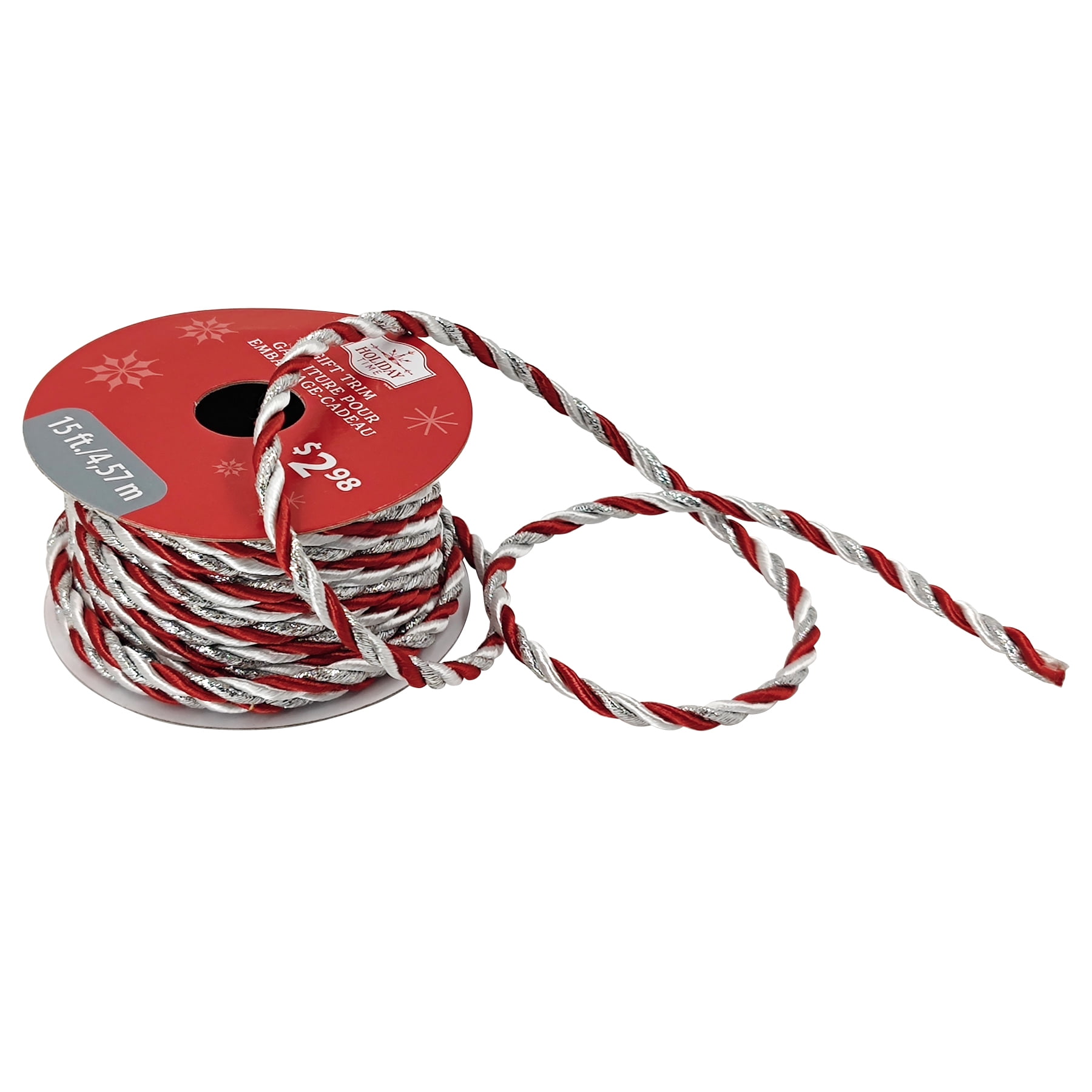 Holiday Time Christmas Red/White/Silver Twisted Cord Gift Trim, 15 ft, HOLIDAY TIME PL R/W TRIM