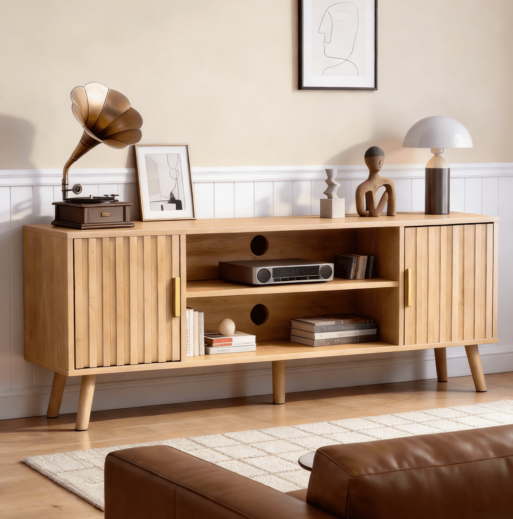 Ktaxon Modern Fluted TV Stand, 59" Television Stand for 55/60/65" TVs with 2 Doors and Adjustable Shelves, Media Console Storage Cabinet, Natural Wood