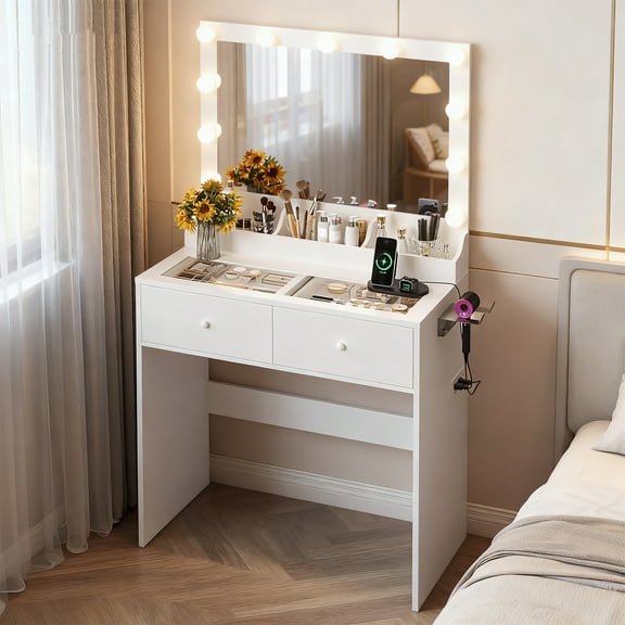 Zimtown Vanity with Mirror and Light, Makeup Desk with Charging Station and Storage, Dressing Table with Hair Dryer Rack for Bedroom, White