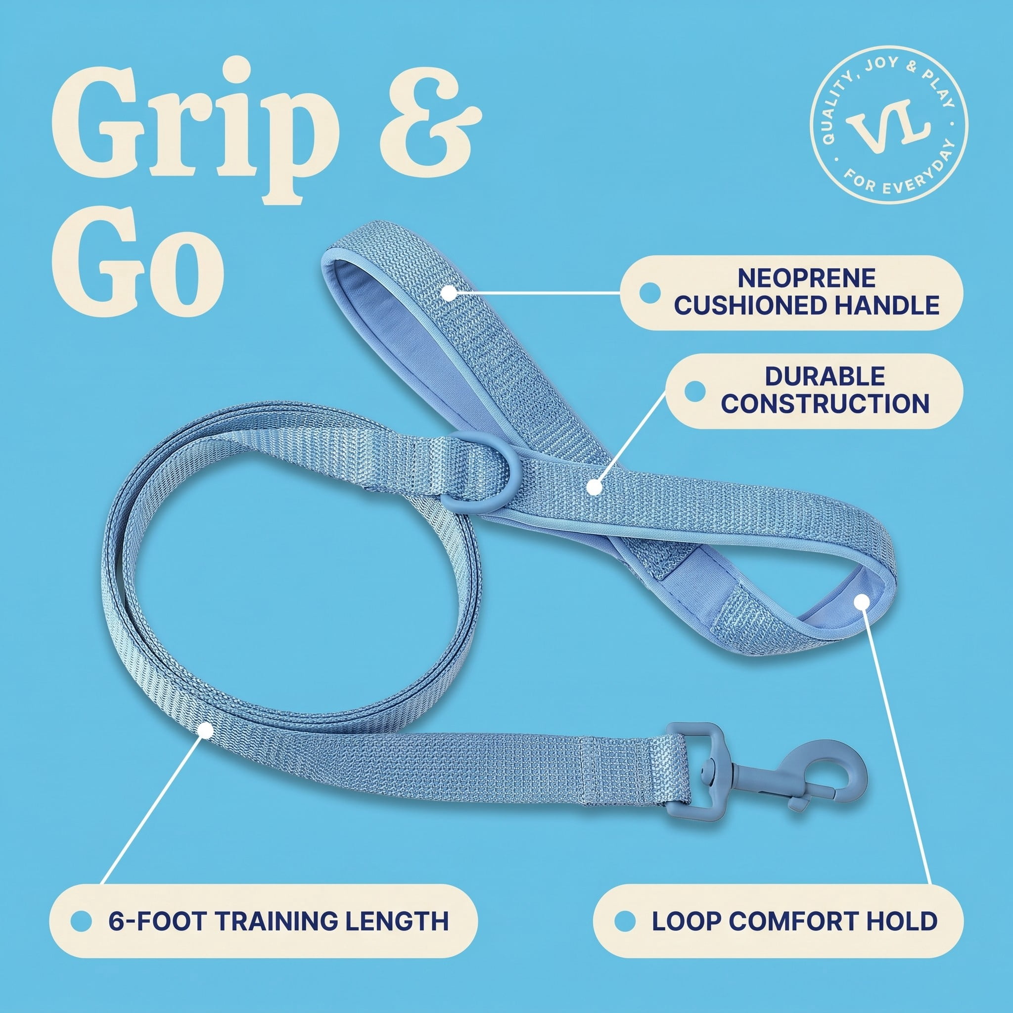 Vibrant Life 6' Neoprene Cushioned Leash, Soft Blue, M/L