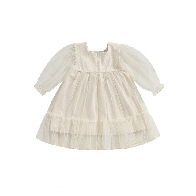 FOCUSNORM Robe d'Automne pour Bébé Fille Manches Longues Col Carré Couleur Unie Robe en Maille Décontractée Robe Smockée