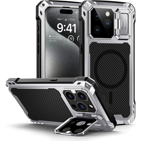 for iPhone 15 Pro Max Metal Case, [Built-in Camera Kickstand & Glass Screen Protector] Protective Heavy Duty Full Body Military Rugged Shockproof Magnetic Cover (Silver)