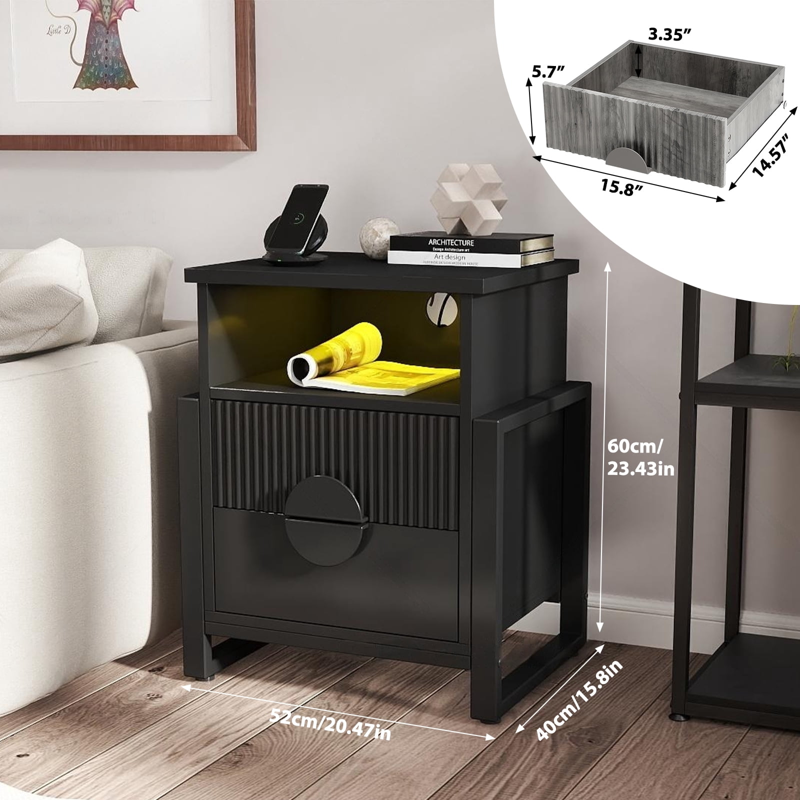 Holliwill Nightstand with Charging Station Set of 2, 2 Drawer Dresser for Bedroom with LED Light, Fluted Bedside Table End Table Side Table for Living Room, Black